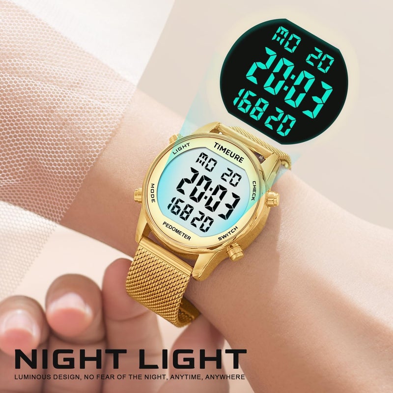 TIMEURE Women's Step Counter Pedometer Watch with Stainless Steel Bracelet, Stylish Design, No App, No Charging Needed for Step, Calorie, Distance, Alarm, Countdown Timer，TU-2401 - Image 4